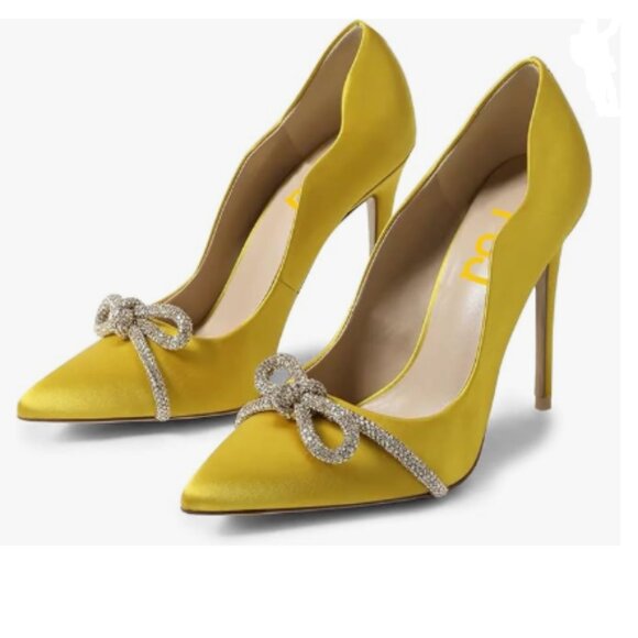 FSJ Yellow Pointed Toe High Heel Pumps Slip On Sparkling Rhinestone Bowknot Shoe - Picture 1 of 8